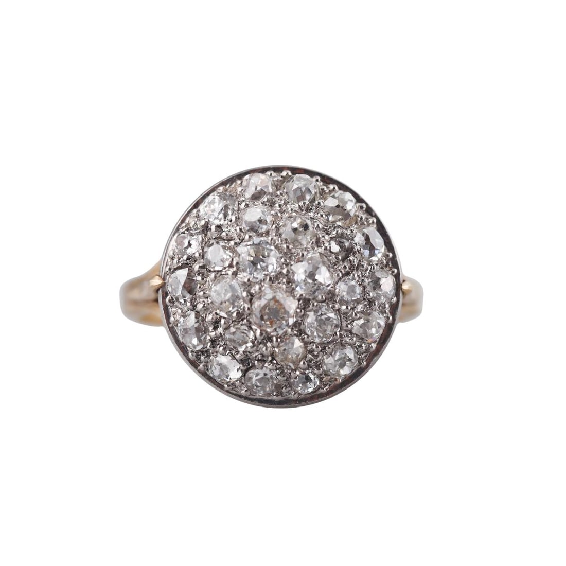 18k Gold Platinum Old Mine Diamond Ring: Metal : 18k Gold / Platinum Designer : Not Signed Gemstone : Old mine cut diamonds approx. 1.30ctw. Measurements : Ring size 5, top is 15.5mm. Marked: : Tested 18k/Plat top. <