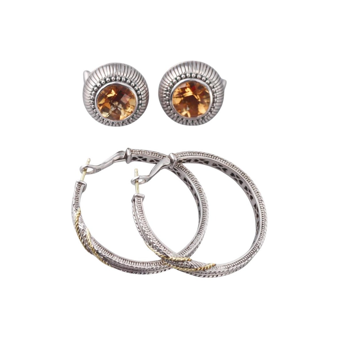 Judith Ripka Silver 18k Gold Diamond Citrine Earrings Lot of 2 Pairs: Metal : Sterling Silver / 18k Gold Designer : Judith Ripka Gemstone : Diamonds, Citrine Measurements : Hoops are 35mm in diameter, Earrings are 18mm. Marked: : JR 18k, 925.Judith Ripk