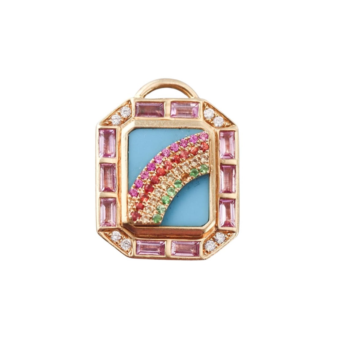Sorellina El Sol Mini Tarot 18k Gold Sapphire Tsavorite Diamond Pendant: Metal : 18k Yellow Gold Designer : Sorellina Gemstone : Diamonds 0.08ctw, Tsavorite, Sapphire, Turquoise. Measurements : Pendant is 18mm x 14mm. Marked: : El Sol, Sorellina 750. . <