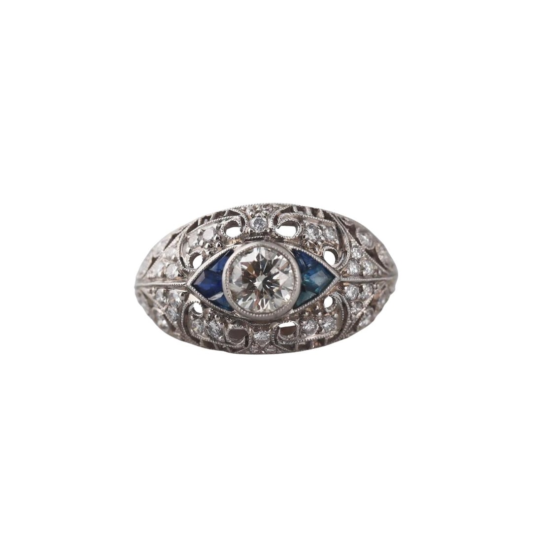 Platinum Diamond Sapphire Dome Ring: Metal : Platinum Designer : Not Signed Gemstone : Center diamond approx. 0.70ct VS2-IJ, Side diamonds approx. 0.26ctw, Sapphires. Measurements : Ring size 6.25, top is 12.5mm wide. Marked