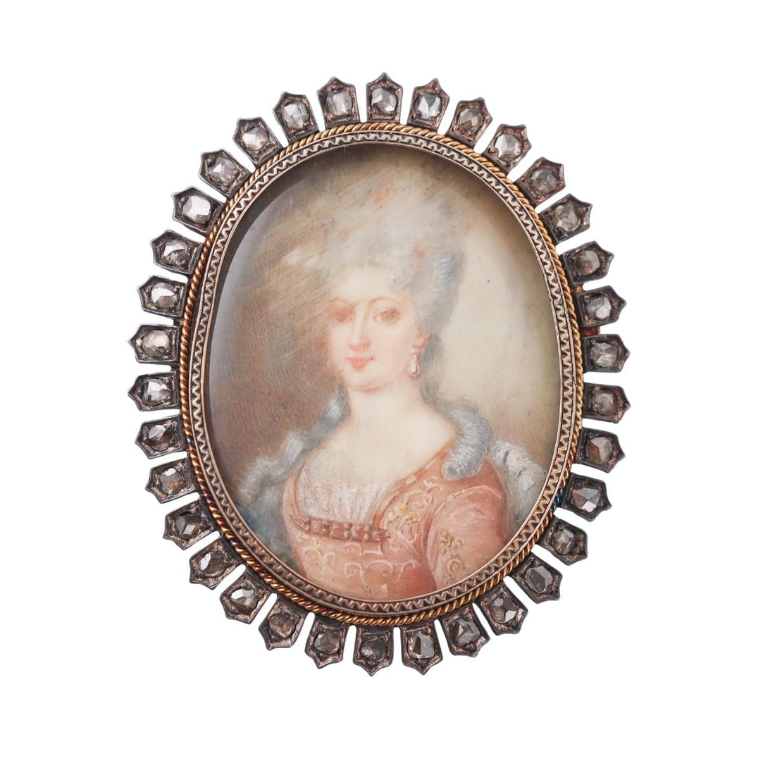 Antique French 18k Gold Silver Diamond Miniature Portrait Locket Brooch: Metal : 18k Gold / Silver Designer : Not Signed Gemstone : Rose cut diamonds. Measurements : Brooch is 38mm x 32mm. Marked: : French eagle mark on the stem. Weight: :