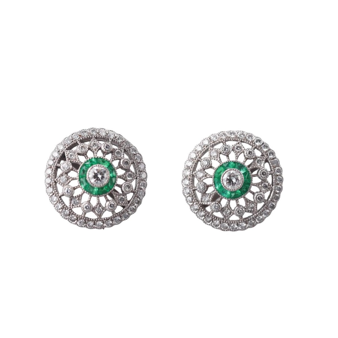 18k Gold Diamond Emerald Stud Earrings: Metal : 18k White Gold Designer : Not Signed Gemstone : Diamonds, Emeralds. Measurements : Earrings are 12.5mm. Missing backs. Marked: : Tested 18k. Weight: : 3.5 grams Condition: : Excellent.