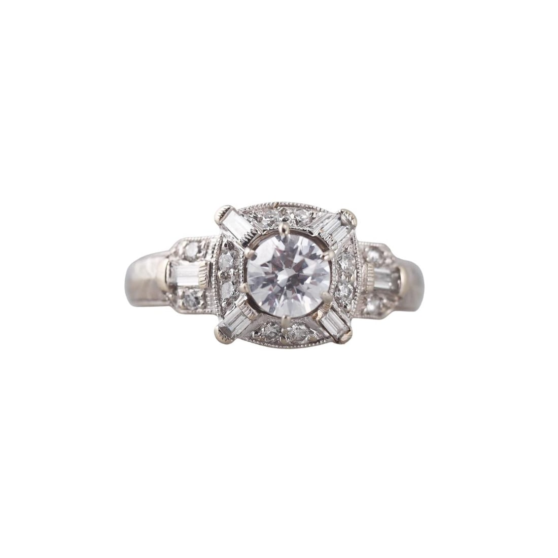 14k Gold Diamond Engagement Ring: Metal : 14k White Gold Designer : Not Signed Gemstone : Center diamond approx. 0.61ct VS/H, Side diamonds 0.43ctw. Measurements : Ring size 6, top is 10 x 10mm. Marked: : 14k, D043.