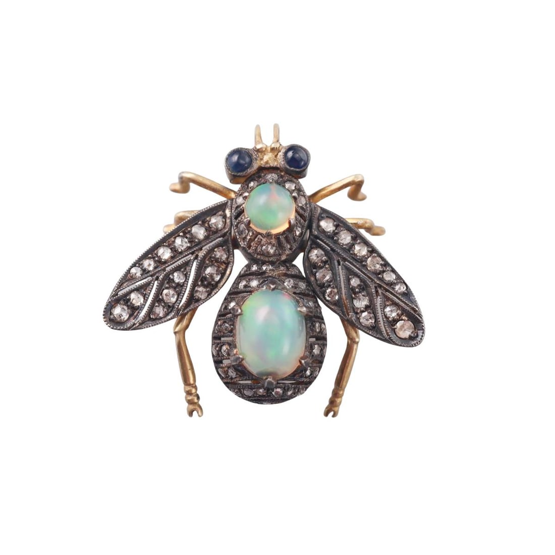 14k Gold Silver Opal Diamond Sapphire Insect Bee Brooch Pendant: Metal : 14k Gold / Silver Designer : Not Signed Gemstone : Opal, Sapphire, Diamonds Measurements : Brooch is 30mm x 30mm, movable wings and head. Marked: : Tested 14k/silver. Weight: : 6.8 grams