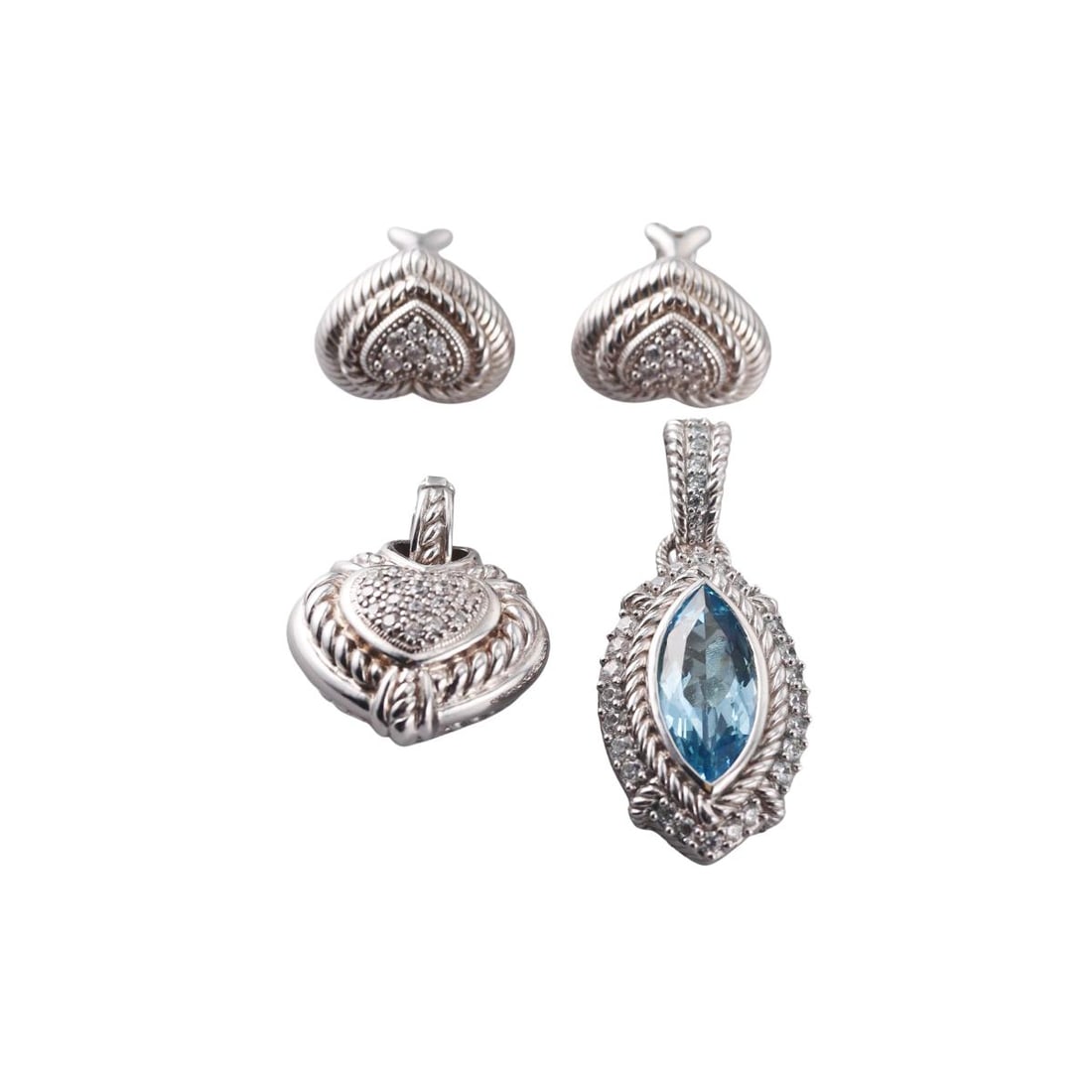 Judith Ripka Silver Quartz CZ Heart Pendant Earrings Lot of 3: Metal : Sterling Silver Designer : Judith Ripka Gemstone : CZ, Blue quartz Measurements : Earrings - 15mm x 18mm; Heart pendant - 31mm x 23mm; blue pendant - 45mm x 20mm. Marked: : Judith Ripka,