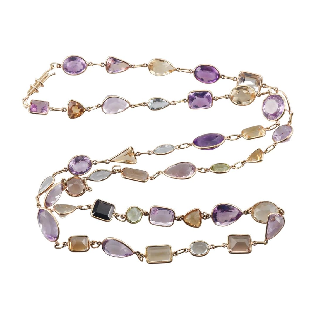 18k Gold Multi Gemstone Long Necklace: Metal : 18k Yellow Gold Designer : Not Signed Gemstone : Amethyst, Citrine, Peridot, Garnet, Topaz Measurements : Necklace is 36" long. Marked: : 18k. Weight: : 55.9 grams Condition: : Excellent.
