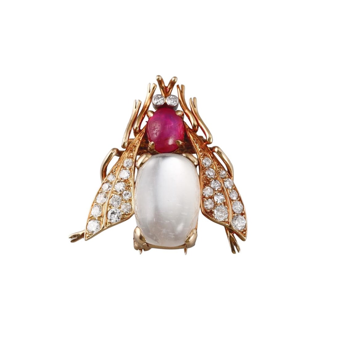 French 18k Gold Moonstone Diamond Ruby Insect Brooch Pin: Metal : 18k Yellow Gold Designer : Not Signed Gemstone : Moonstone 16 x 11.3mm, Ruby, Diamonds approx. 0.90ctw. Measurements : Brooch is 31mm x 32mm. Marked: : French marks, Depose SSM. Weight: :