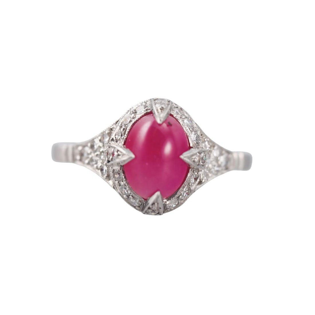 Platinum 1.95ct Ruby Diamond Ring: Metal : Platinum Designer : Not Signed Gemstone : Ruby cabochon 1.95ct, Diamonds approx. 0.34ctw. Measurements : Ring size 7, top is 10.5mm wide. Marked: : 1.95. Weight: <