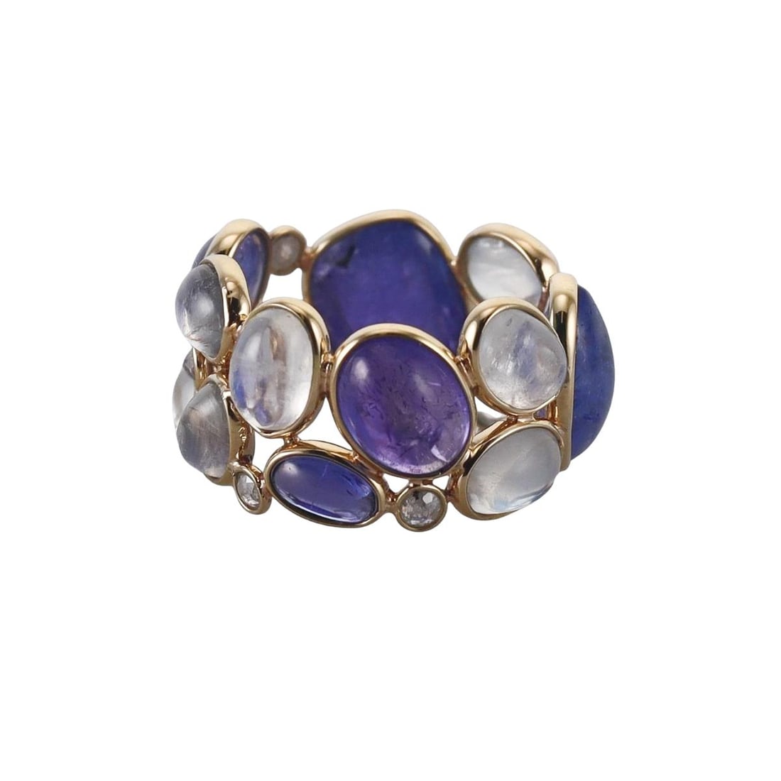 18k Gold 11.28ctw Tanzanite 8.22ctw Moonstone Diamond Wide Band Ring: Metal : 18k Yellow Gold Designer : Not Signed Gemstone : Tanzanite 11.28ctw, Moonstone 8.22ctw, Diamonds . Measurements : Ring size 7, width 15mm. Marked: : Tested 18k. Weight: : 7.2 grams Condition:
