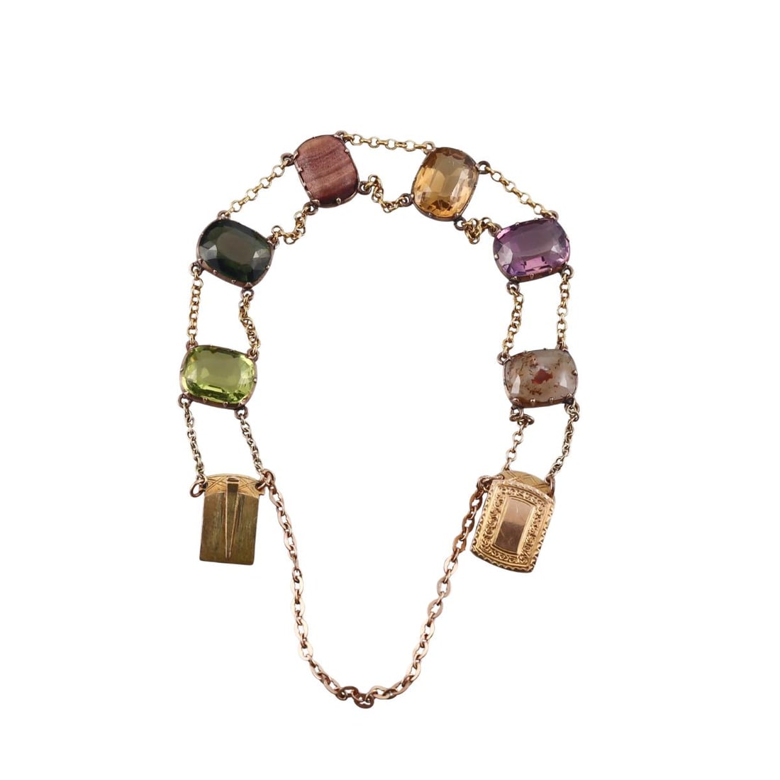 Antique 14k Gold Multi Gemstone Bracelet: Metal : 14k Yellow Gold Designer : Not Signed Gemstone : Agate, Amethyst, Citrine, Peridot, Tourmaline. Measurements : Bracelet is 6.75" long. Marked: : Tested 14k. Weight: : 13 grams Condition: :
