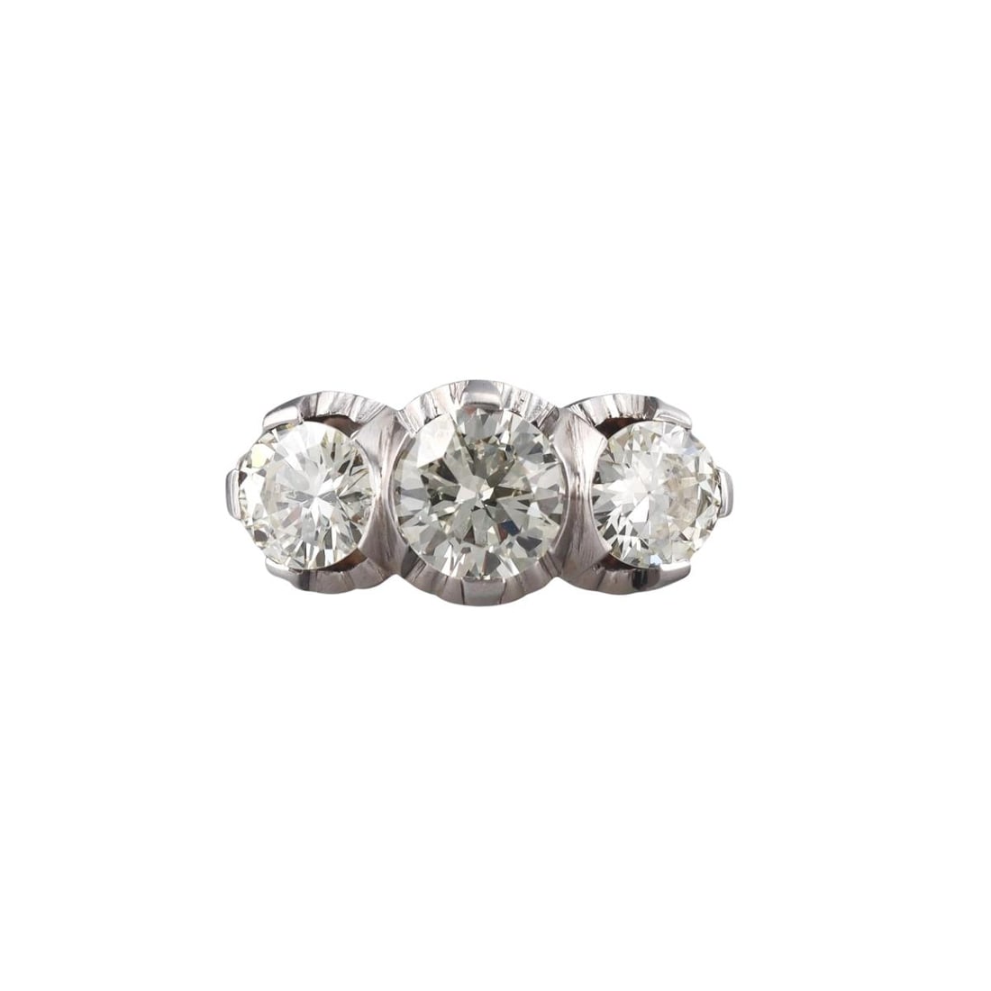 Platinum 2.40ctw Diamond Three Stone Ring: Metal : Platinum Designer : Not Signed Gemstone : Diamonds - center approx. 1.20ct VS-I-J. Total approx. 2.40ctw. Measurements : Ring size 4.25, top is 9 x 20mm. Marked: : Tested plat. Weight: : 5.3