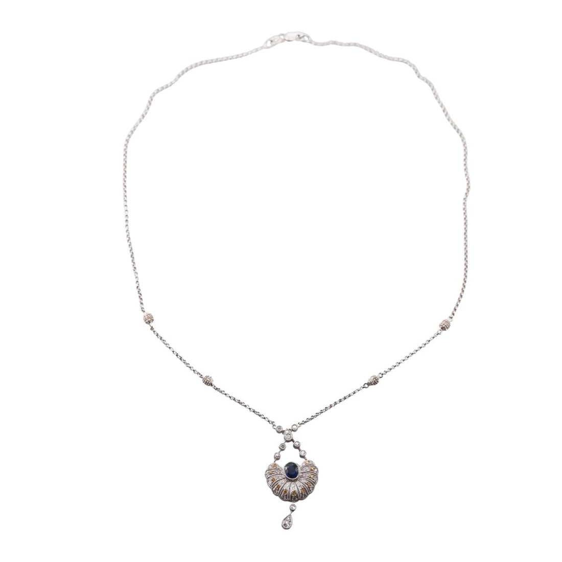 Platinum Fancy Yellow Diamond Sapphire Pendant Necklace: Metal : Platinum Designer : Not Signed Gemstone : Diamonds approx. 0.40ctw, Fancy yellow diamonds approx. 0.24ctw, Sapphire. Measurements : Necklace is 17" long, pendant is 38mm x 20mm. Marked: : 900