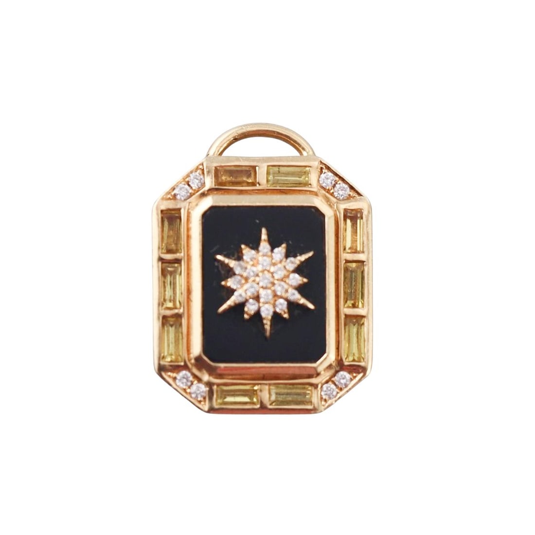 Sorellina Le Stelle Mini Tarot 18k Gold Sapphire Onyx Diamond Pendant: Metal : 18k Yellow Gold Designer : Sorellina Gemstone : Diamonds 0.04ctw, Sapphires 0.90ctw, Onyx Measurements : Pendant is 18mm x 14mm. Marked: : Le Stelle. Weight: : 5.7 grams Condition: :