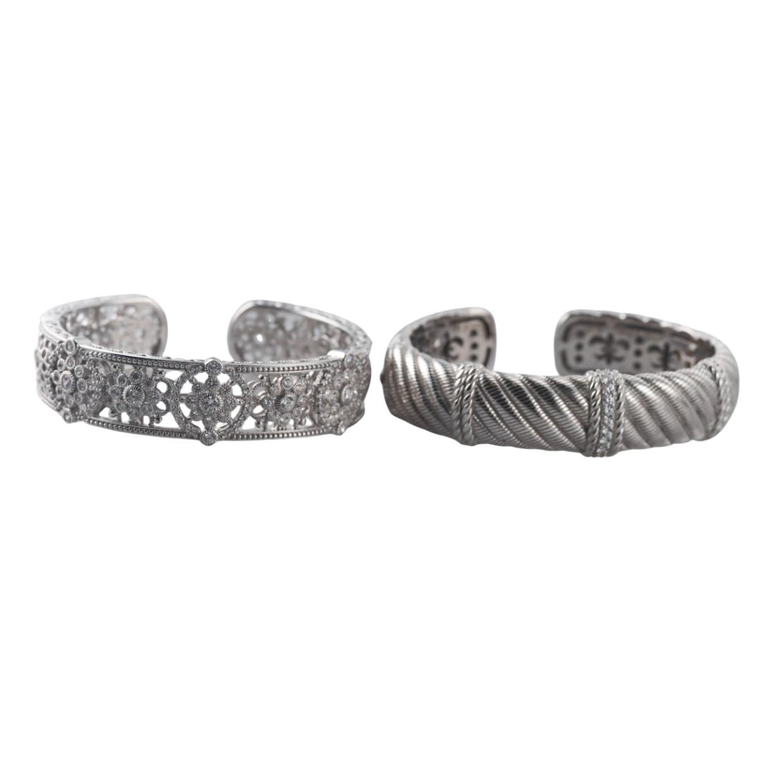 Judith Ripka Sterling Silver CZ Cuff Bracelet lot of 2: Metal : Sterling Silver Designer : Judith Ripka Gemstone : CZ Measurements : Bracelets will fit approx. 7-7.5" wrists, width 18mm and 17mm. Marked: : CZ, Thailand, Judith Ripka, 925.