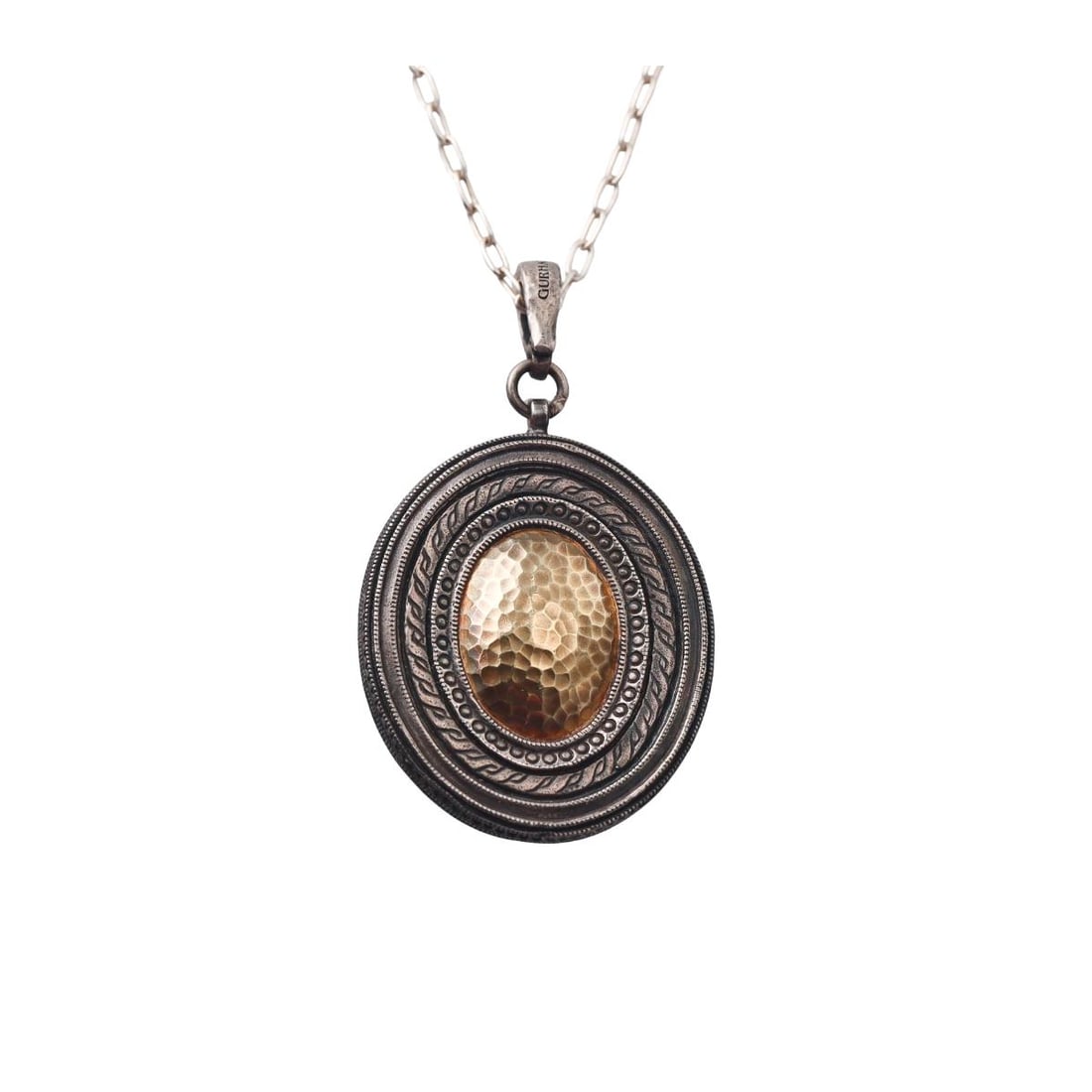 Gurhan Silver Hammered Pendant Necklace: Metal : Sterling Silver / Gold Overlay Designer : Gurhan Gemstone : None Measurements : Necklace is 18" long, pendant is 33mm x 28mm. Marked: : Gurhan, NA08574/0.925AG. Wei