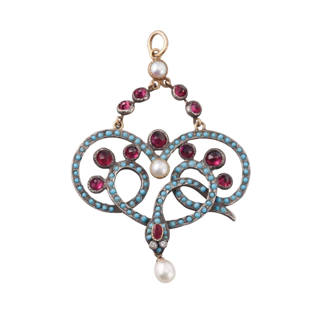 Antique Victorian Gold Silver Gemstone Pearl Snake Pendant: Metal : Gold/ Silver Designer : Not Signed Gemstone : Turquoise, Diamond eyes, Pearls, Garnet. Measurements : Brooch is 60mm x 42mm. Marked: : Tested silver/gold. Weight: