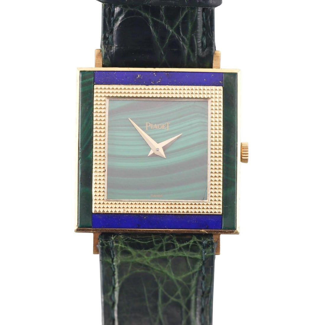 1970s Piaget 18k Gold Malachite Lapis Ladies Manual Wind Watch 9200: Metal : 18k Yellow Gold Designer : Piaget Movement : Manual wind - working order. Measurements : Case 25mm x 25mm. on a dark green Cartier band, no buckle. Reference/Model: : 9200/ 3