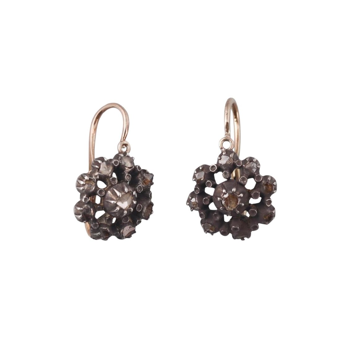 Antique Silver Gold Rose Cut Diamond Cluster Earrings: Metal : Silver / Gold backs Designer : Not Signed Gemstone : Rose cut diamonds Measurements : Earrings are 25mm x 16mm. Marked: : Tested silver/gold backs. Weight: : 7