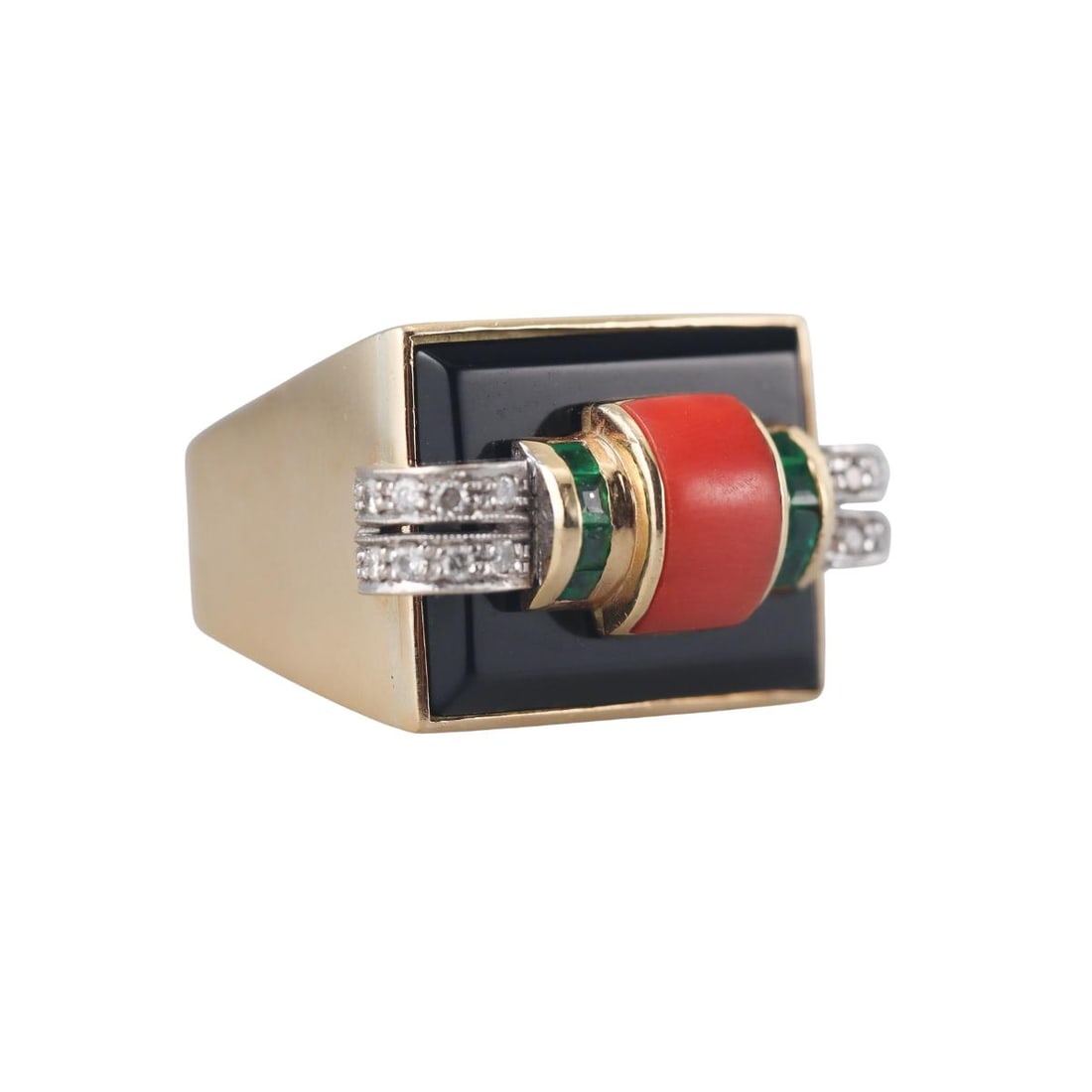 1980s 18k Gold Coral Diamond Onyx Emerald Cocktail Ring (1 of 5)