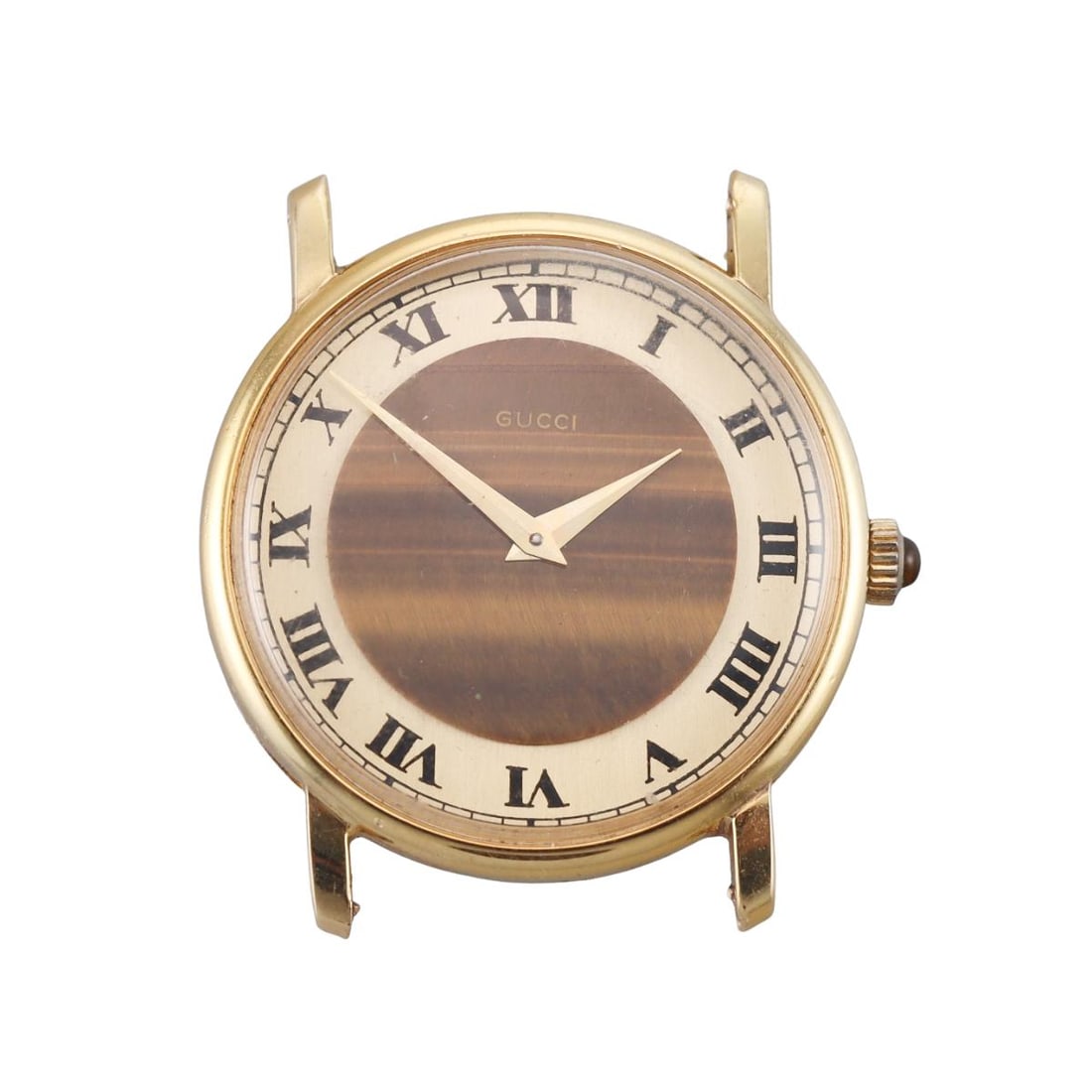 1970s Gucci 18k Gold Tiger's Eye Manual Wind Watch: Metal : 18k Yellow Gold Designer : Gucci Movement : Manual wind - working order. Measurements : Case 30mm, no band. Reference/Model: : n/a Functions : Hours, Minutes.