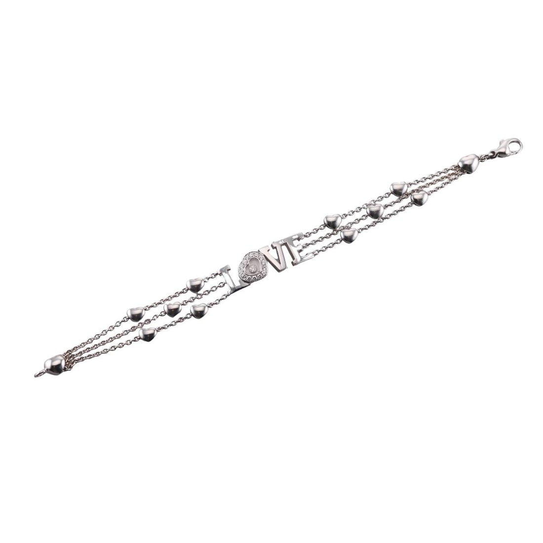 Chopard Love Happy Diamonds 18k Gold Bracelet: Metal : 18k White Gold Designer : Chopard Gemstone : Diamonds approx. 0.17ctw. Measurements : Bracelet is 7" long and 10mm wide. Marked: : Chopard, 750, 85/3527-20, Serial No.