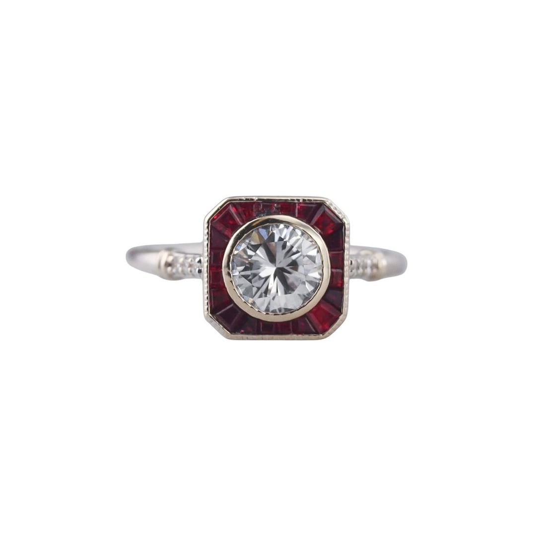 GIA 1.05ct F Si1 Diamond 14k Gold Ruby Engagement Ring: Metal : 14k White Gold Designer : Not Signed Gemstone : GIA RBC diamond - 1.05ct F/Si1, Rubies. Measurements : Ring size 6.5, top is 10 x 10mm. Marked: : Tested 14k. Weight