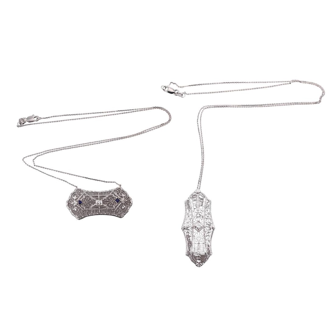 Art Deco Filigree Diamond Pendant on Chain Necklace Lot of 2: Metal : 14k Gold Designer : Not Signed Gemstone : Diamonds, Sapphire Measurements : Pendants 38mm x 20mm and 45mm x 18mm. Chains are 18.5" and 18" long. Marked: : Turkey 14k on bot