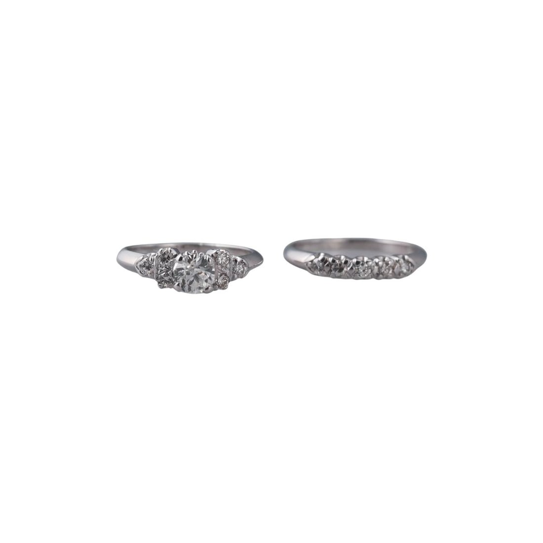 14k Gold Diamond Engagement Wedding Ring Set: Metal : 14k White Gold Designer : Not Signed Gemstone : Center diamond - approx. 0.50ct SI1/H, Side diamonds approx. 0.20ctw. Measurements : Ring sizes - 5.25 each. Marked: : 14k. Weight: : 4.6 grams