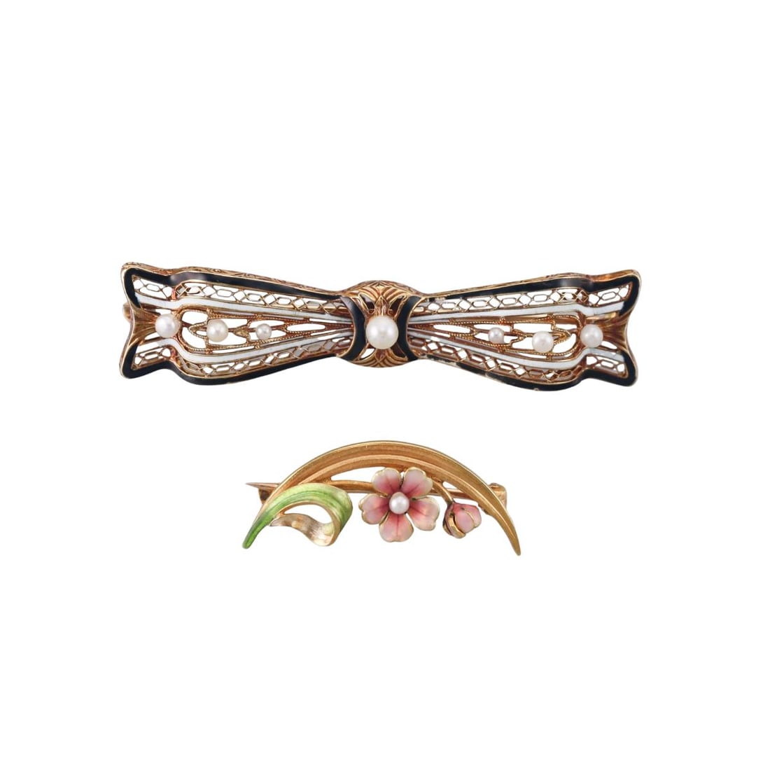 Antique 14k Gold Enamel Pearl Brooch Lot of 2: Metal : 14k Yellow Gold Designer : Not Signed Gemstone : Pearls. Measurements : Brooches are 50mm and 28mm long. Marked: : 14k. Weight: : 6.8 grams Condition: : Excellent. Additional: n/a