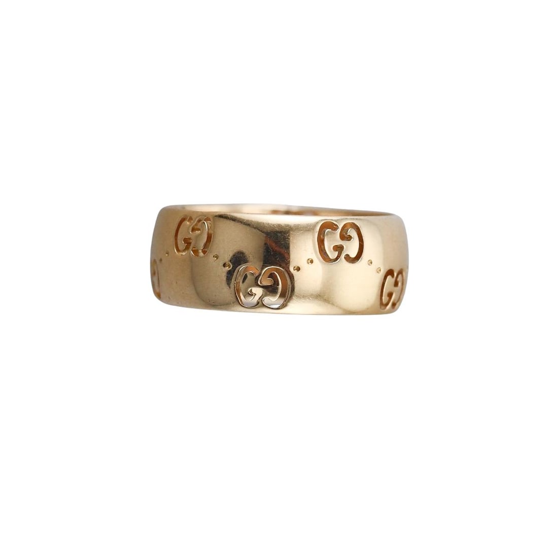 Gucci Icon Logo 18k Gold Band Ring: Metal : 18k Yellow Gold Designer : Gucci Gemstone : None Measurements : Ring size 7, width 8mm. Marked: : Icon, 16, Gucci, made in Italy, Au750. Weight: : 6.8 grams Condition: : Excellent.