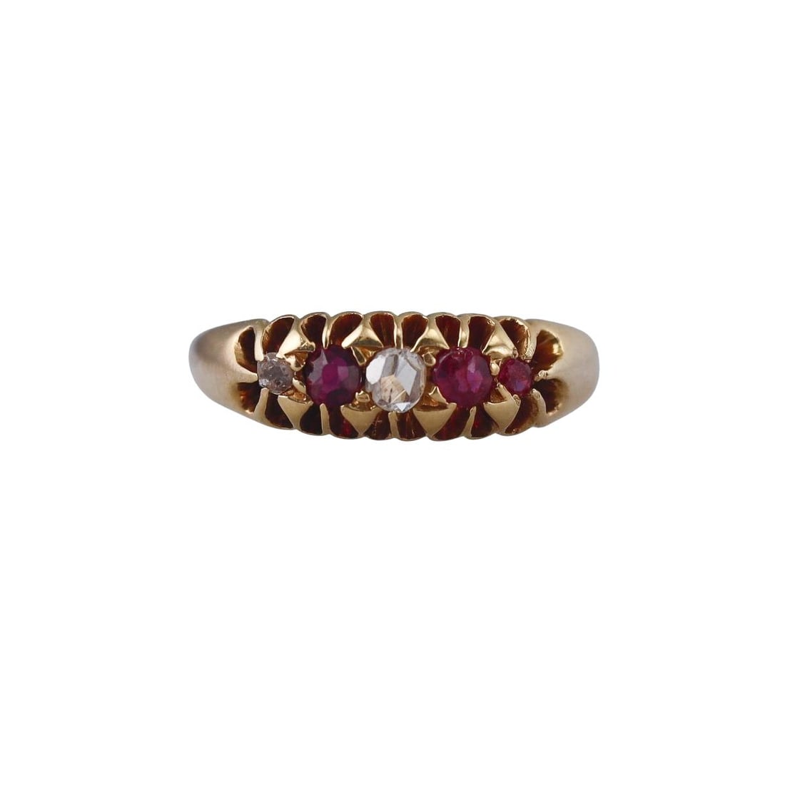 Antique Victorian 18k Gold Ruby Diamond Ring: Metal : 18k Yellow Gold Designer : Not Signed Gemstone : Rose cut diamond, Rubies. Measurements : Ring size 4, width 5mm. Marked: : Gold marks. Weight: : 2.5 grams Condition: : Excellent. Additional: