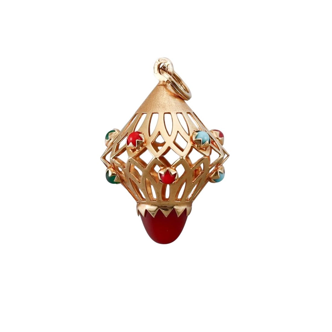Vintage 18k Gold Gemstone Pendant Charm: Metal : 18k Yellow Gold Designer : Not Signed Gemstone : Carnelian, Turquoise, Moonstone, Coral. Measurements : Pendant is 32mm long x 22mm diameter of the center. Marked: : 750. Weight: : 6.3 grams
