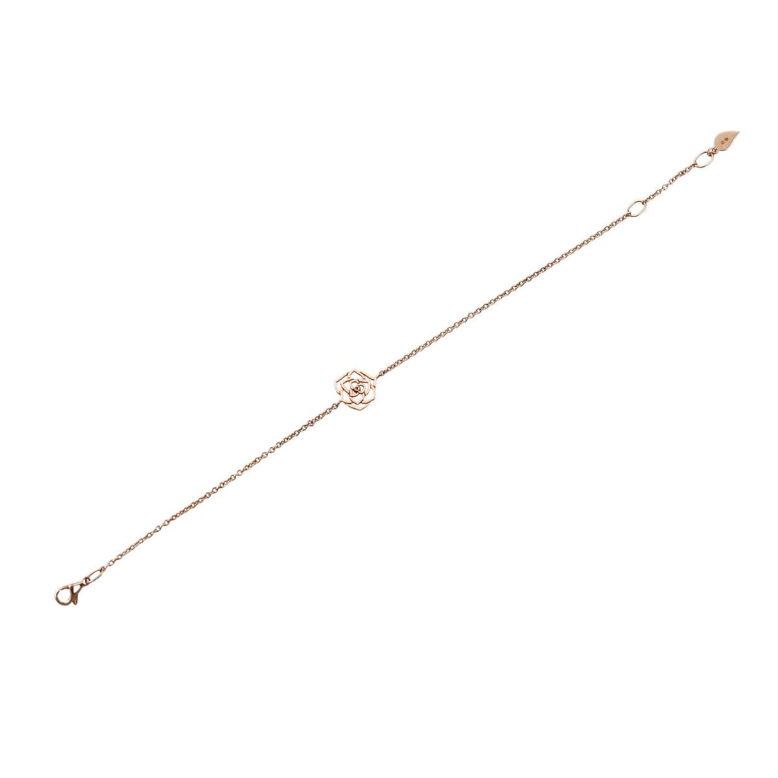 Piaget Open Rose 18k Gold Diamond Bracelet: Metal : 18k Rose Gold Designer : Piaget Gemstone : Diamond 0.01ct. Measurements : Bracelet is 6" to 6 7/8" long. Rose is 11 x 10mm. Marked: : Piaget, Au750, V40650. Weight: : 2 grams Condition: :