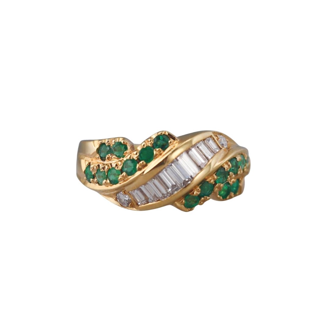 18k Gold Diamond Emerald Ring: Metal : 18k Yellow Gold Designer : Not Signed Gemstone : Diamonds approx. 0.75ctw, Emeralds. Measurements : Ring size 7, width 10mm. Marked: : 18k. Weight: : 8 grams