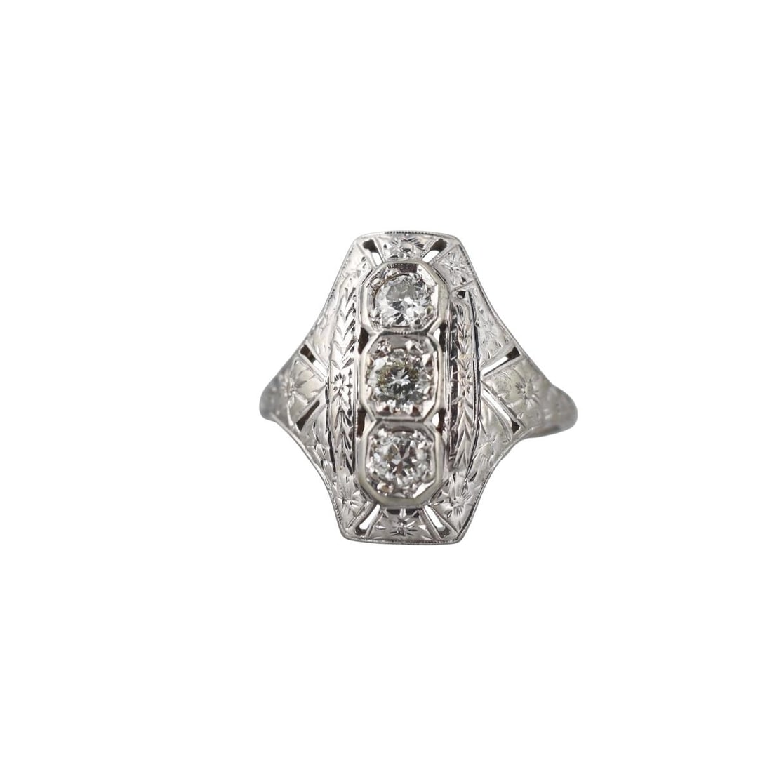 Art Deco Platinum Diamond Ring: Metal : Platinum Designer : Not Signed Gemstone : Diamonds approx. 0.50ctw (3 larger center OEC stones) Measurements : Ring size 6, top is 20mm wide. Marked: : Tested plat. Weight: : 4.4 grams