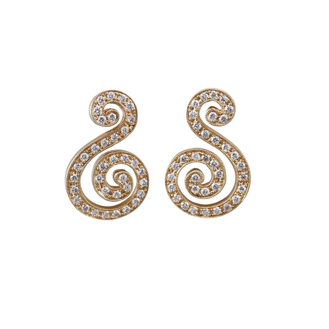 18k Gold Diamond Swirl Motif Earrings: Metal : 18k Yellow Gold Designer : Not Signed Gemstone : Diamonds approx. 1.00ctw. Measurements : Earrings are 26mm x 18mm. Marked: : Tested 18k. Weight: : 7.4 grams Condition: : Excellent.