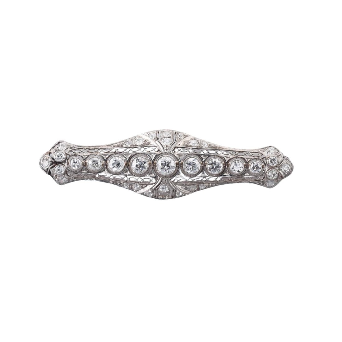 Art Deco Filigree Platinum Diamond Brooch Pin: Metal : Platinum Designer : Not Signed Gemstone : Diamonds approx. 2.00ctw, OEC stones, approx. VS-SI-GH (one missing) . Measurements : Brooch is 59mm x 17mm. Marked: : Tested plat. Weight: : 9.2