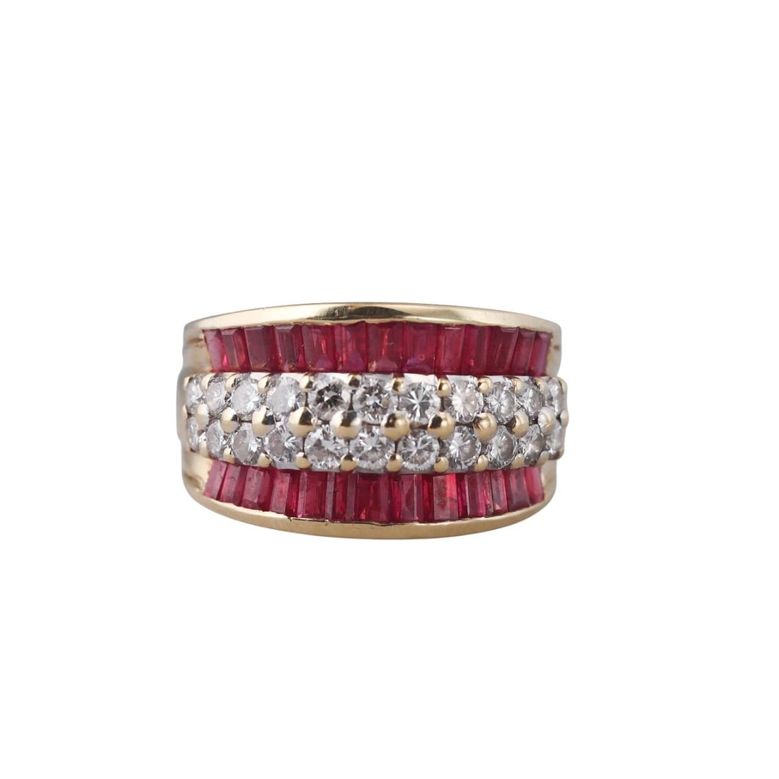 18k Gold Diamond Ruby Half Band Ring: Metal : 18k Yellow Gold Designer : Not Signed Gemstone : Diamonds approx. 2.60ctw, Rubies 1.50ctw. Measurements : Ring size 8.25, width 13.5mm. Marked: : 18k, Polished off mark "Holly