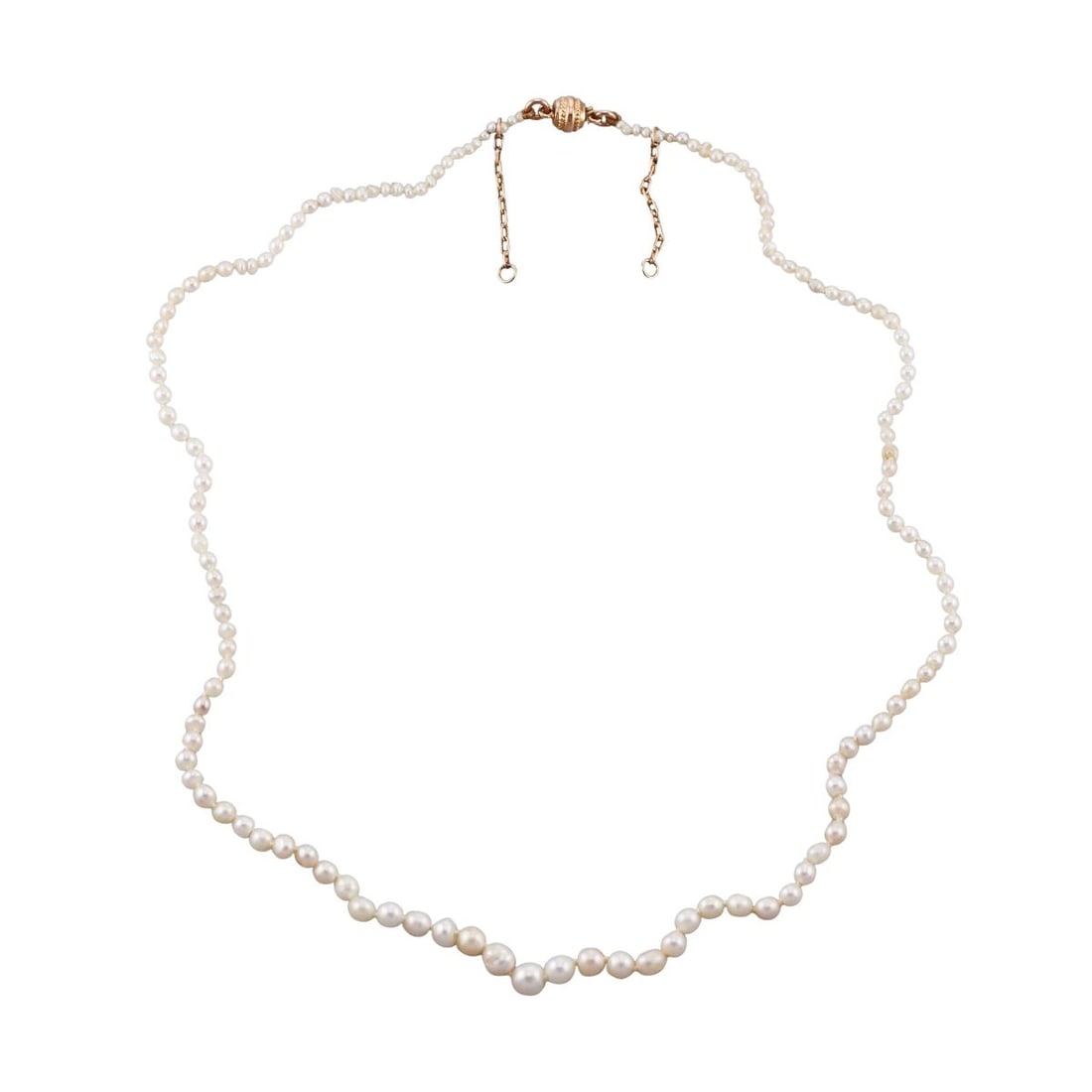 Antique 14k Gold Natural Pearl Necklace: Metal :14k Yellow Gold Designer : Not Signed Gemstone : Natural pearls 1.7mm to 5.15mm. Measurements : Necklace is 18" long. Marked: : Tested 14k. Weight: : 7.2 grams Condition: : Very Good. Wear