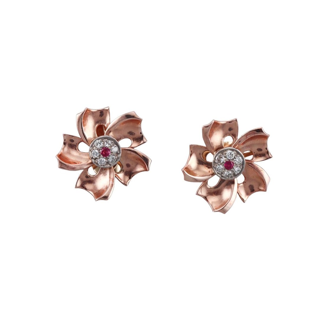 Retro 14k Rose Gold Diamond Ruby Flower Earrings: Metal : 14k Rose Gold (backs are yellow gold) Designer : Not Signed Gemstone : Diamonds approx. 0.48ctw, Rubies. Measurements : Earrings are 27mm x 25mm. One missing post. Marked: :