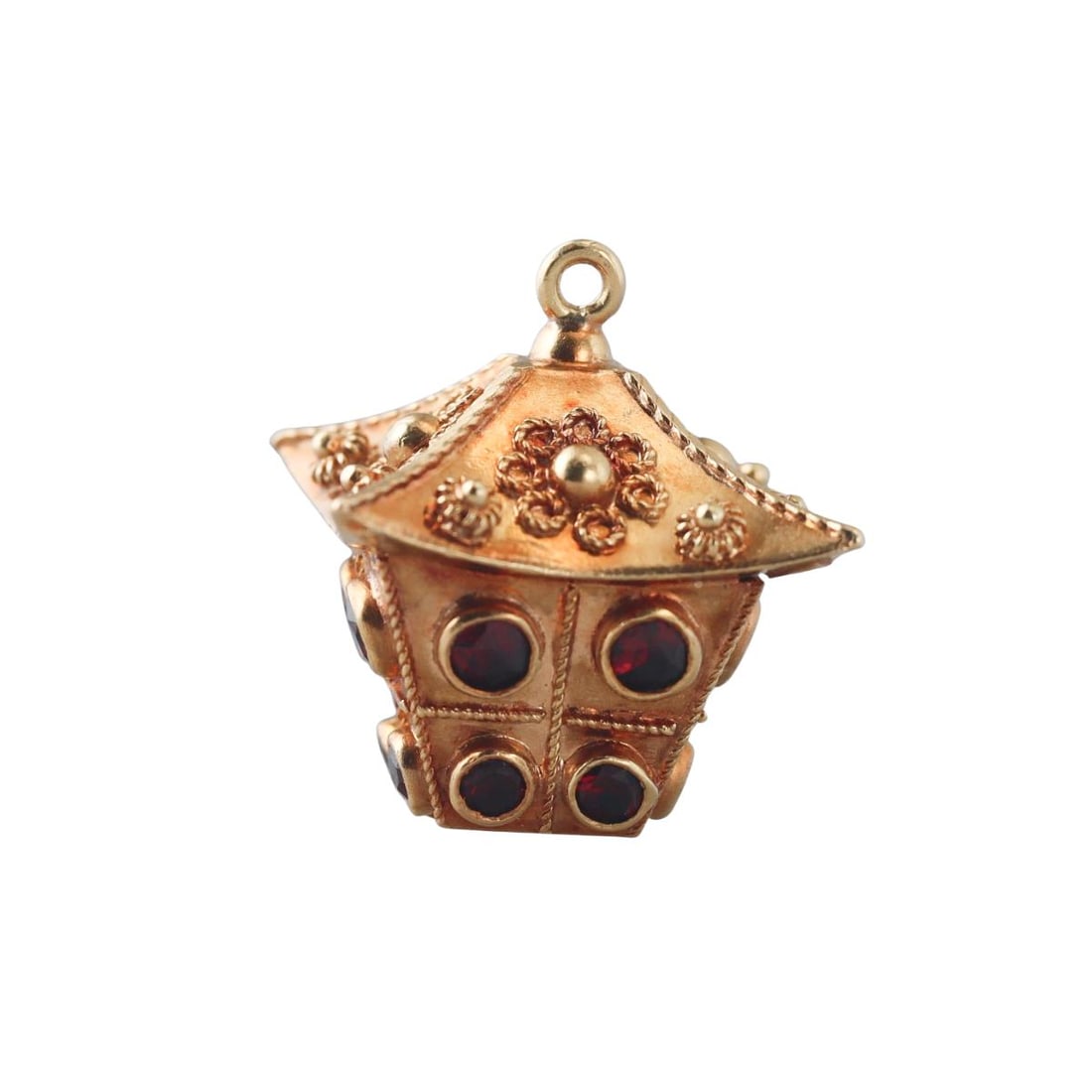 Antique Etruscan Beading 18k Gold Garnet Pendant Charm: Metal : 18k Yellow Gold Designer : Not Signed Gemstone : Garnet. Measurements : Pendant is 26 x 20mm. Marked: : Tested 18k. Weight: : 11.2 grams Condition: : Excellent. Additional: n/a