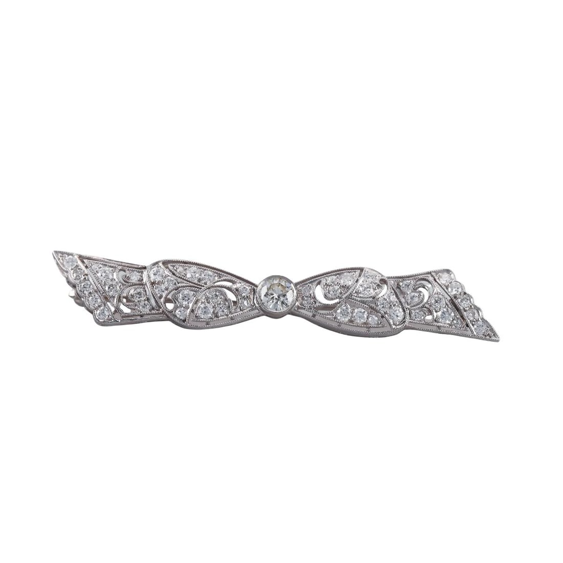 Art Deco Platinum Gold Diamond Bow Brooch Pin: Metal : Platinum / 14k Gold Designer : Not Signed Gemstone : Diamonds approx. 1.50ctw (center approx. 0.50ct H VS2). Measurements : Brooch is 60mm x 11mm. Marked: : 14k on the stem. Top tested plat.