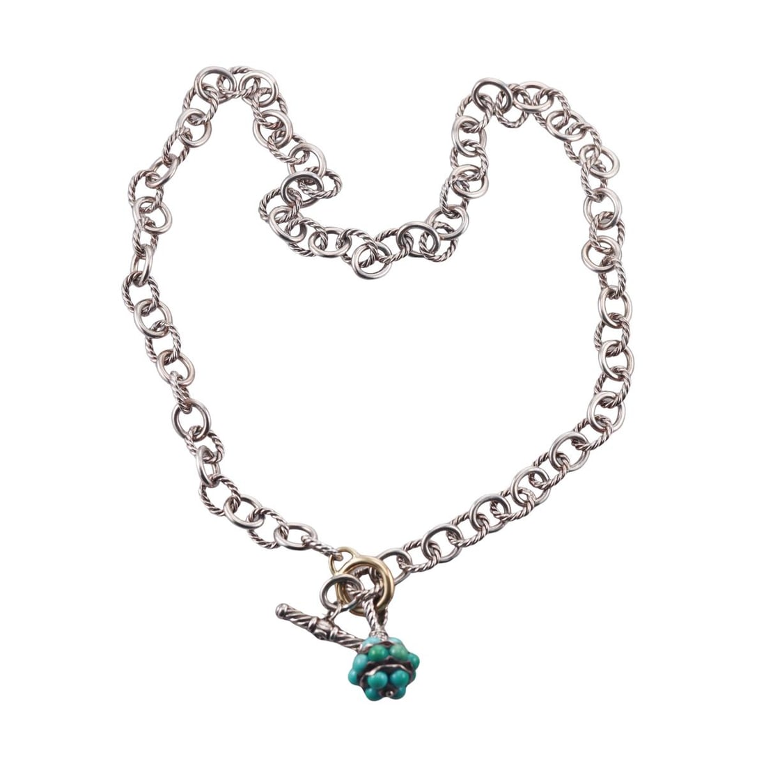 David Yurman Silver 18k Gold Diamond Turquoise Necklace: Metal : Sterling Silver / 18k Gold Designer : David Yurman Gemstone : Turquoise, Diamonds. Measurements : Necklace is 19.75" long. Pendant is 25mm x 15mm (does not open/does not detach from the