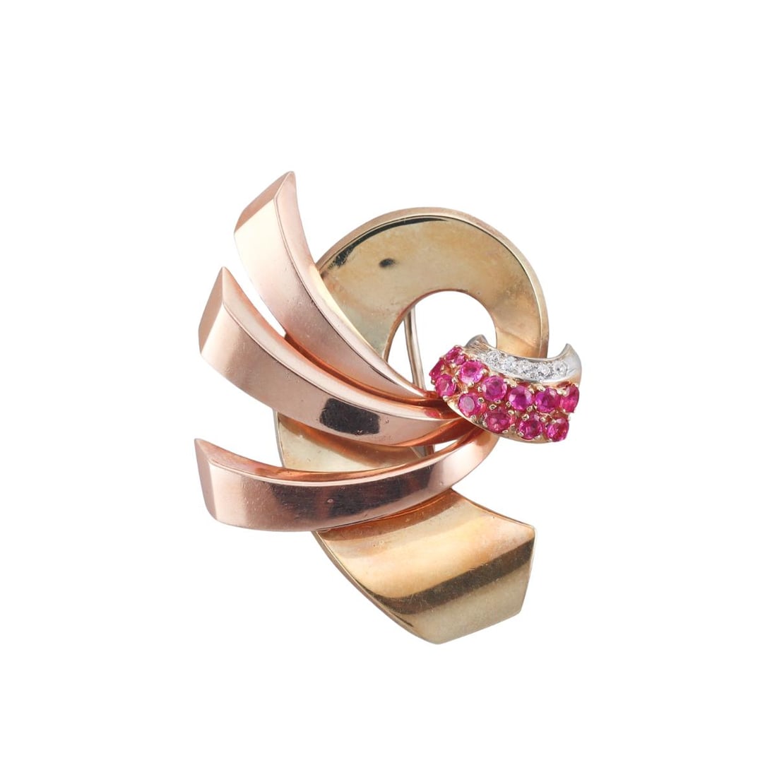 Retro 14k Tri Color Gold Diamond Ruby Brooch Pin: Metal : 14k Rose White Yellow Gold Designer : Not Signed Gemstone : Diamonds, Rubies Measurements : Brooch is 50mm x 42mm. Marked: : Marked on stem 14k. Brooch top tested 14k as well. Weight: : 18.5