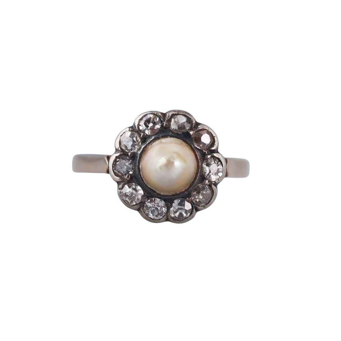 Antique Victorian 18k Gold Silver Diamond Pearl Ring: Metal : 18k Gold / Silver Designer : Not Signed Gemstone : Pearl 5.3mm, Diamonds approx. 0.40ctw. Measurements : Ring size 6, top is 11mm. Marked: : Tested 18k/silver top. <