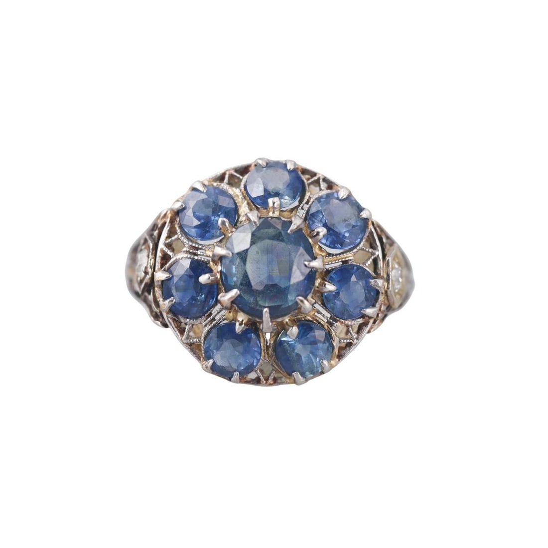 Art Deco 14k Gold 2.75ctw Sapphire Diamond Ring: Metal : 14k White/Yellow Gold Designer : Not Signed Gemstone : Sapphires approx. 2.75ctw, Diamonds. Measurements : Ring size 5.75, top is 17mm. Marked: : Tested 14k. Weight: : 5.8 grams Condition: :