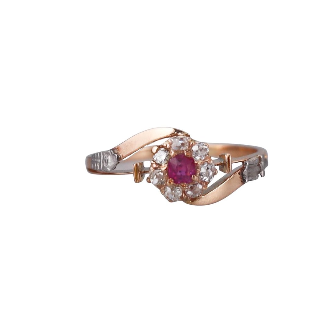 Antique 18k Gold DIamond Ruby Ring: Metal : 18k Rose Gold Designer : Not Signed Gemstone : Ruby, Diamonds approx. 0.30ctw. Measurements : Ring size 8.25, top is 9mm wide. Marked: : 18. Weight: : 2.9 gr