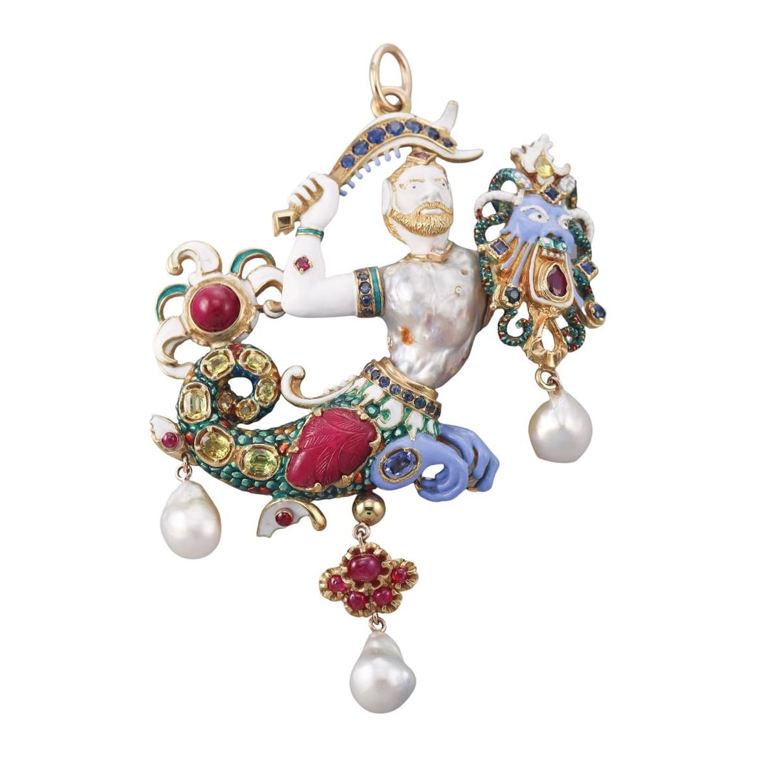 Gold Pearl Ruby Sapphire Diamond Enamel the Canning Jewel: Metal : High Karat (22 or higher) Gold Designer : Not Signed Gemstone : Ruby, Baroque pearl, Sapphire, Diamond (one stone missing) Measurements : Pendant is 5.5" x 4". Marked: : Tes