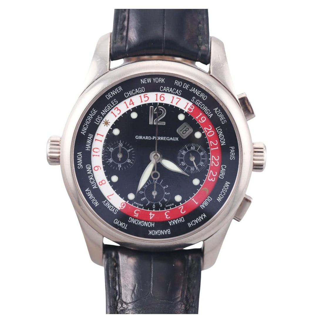 Girard Perregaux 18k Gold World Time Chronograph Watch ref. 4980: Metal : 18k White Gold Designer : Girard Perregaux Movement : Automatic - working order. Measurements : Case 43mm, on black leather band with 18k gold GP deployant buckle. Reference/Model: : World