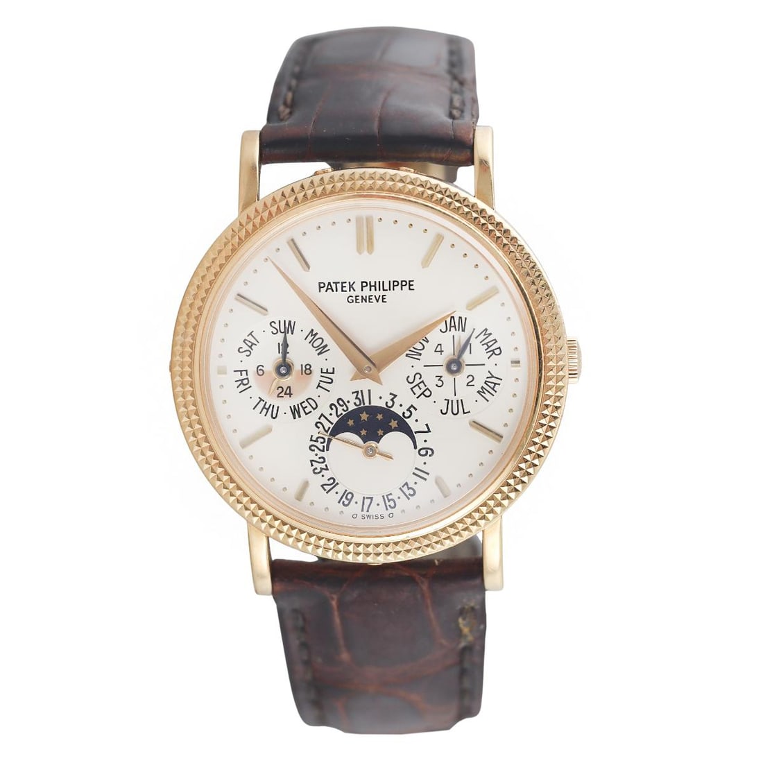 Patek Philippe Grand Complications Perpetual Calendar 18k Gold Watch ref. 5039 J: Metal : 18k Yellow Gold Designer : Patek Philippe Movement : Automatic - working order. Measurements : Case 35mm, original signature hobnail (Clous de Paris) bezel, on original brown bracelet with